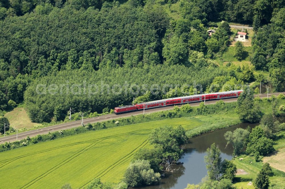 Aerial image Wichmar - Ride a train on the track along the Saale in the district Wuerchhausen in Wichmar in the state Thuringia, Germany