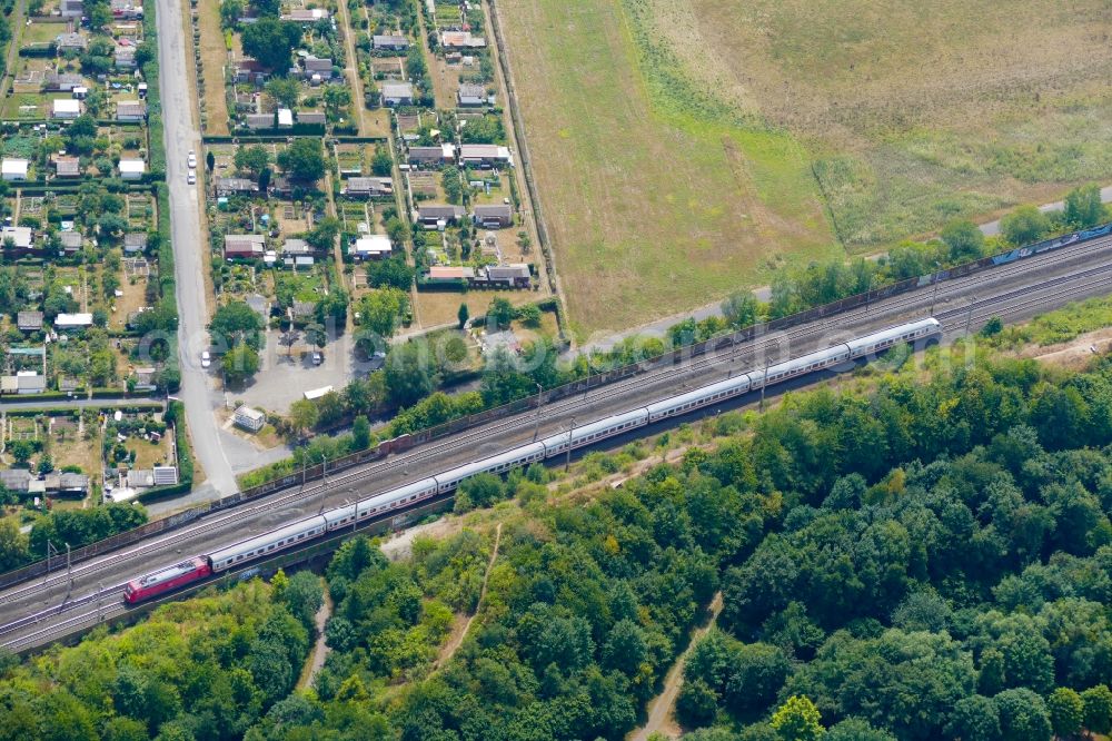 Göttingen from above - Ride a train on the track Kassel-Goettingen in Goettingen in the state Lower Saxony, Germany