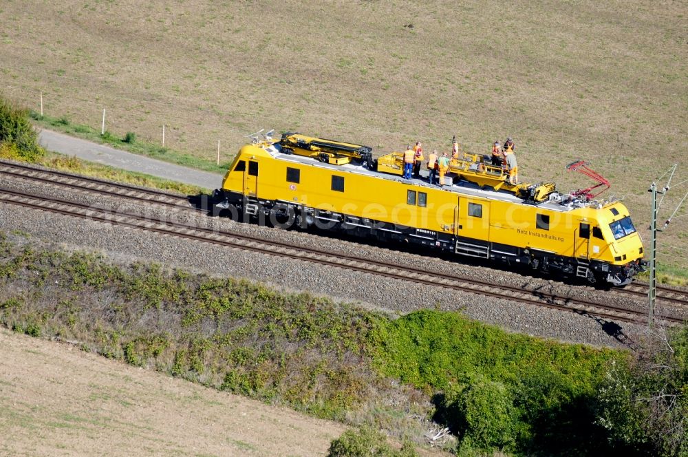 Aerial image Witzenhausen - Ride a train of DB Netzinstandhaltung in Witzenhausen in the state Hesse, Germany