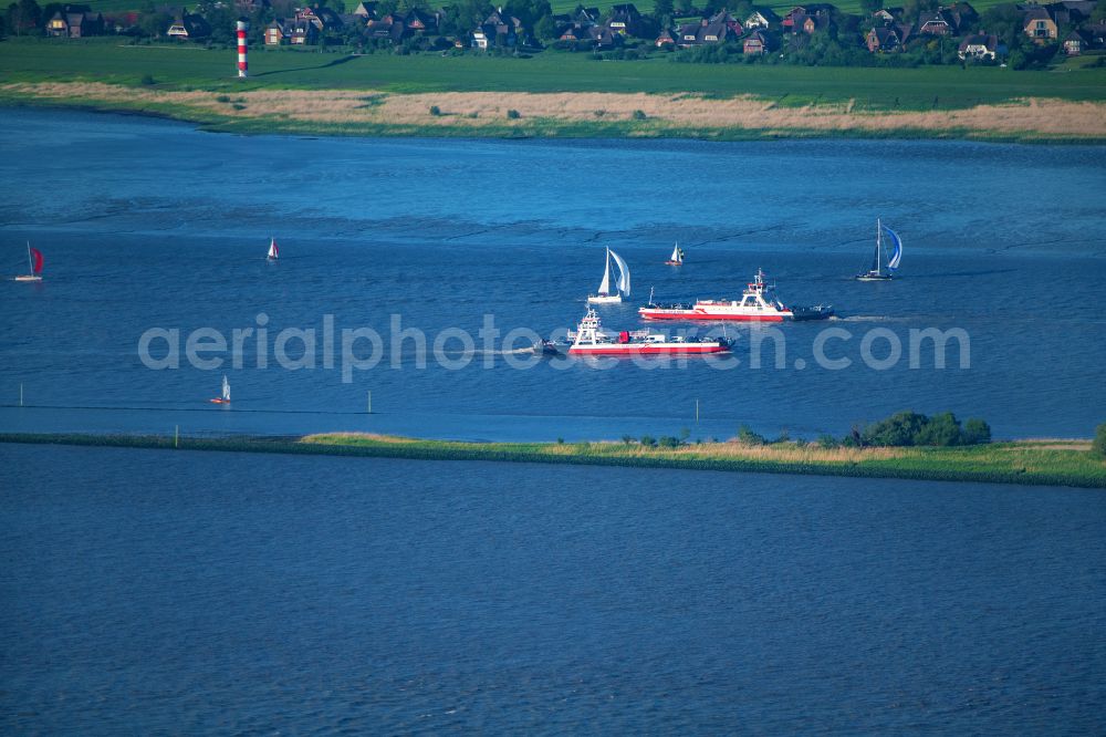 Glückstadt from above - Ride a ferry ship Elbfaehre Wischhafen in Drochtersen in the state Lower Saxony, Germany