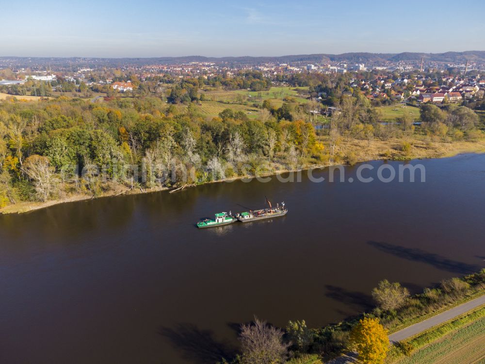 Klipphausen from the bird's eye view: Navigation channel maintenance on the Elbe in Gauernitz in the state of Saxony, Germany