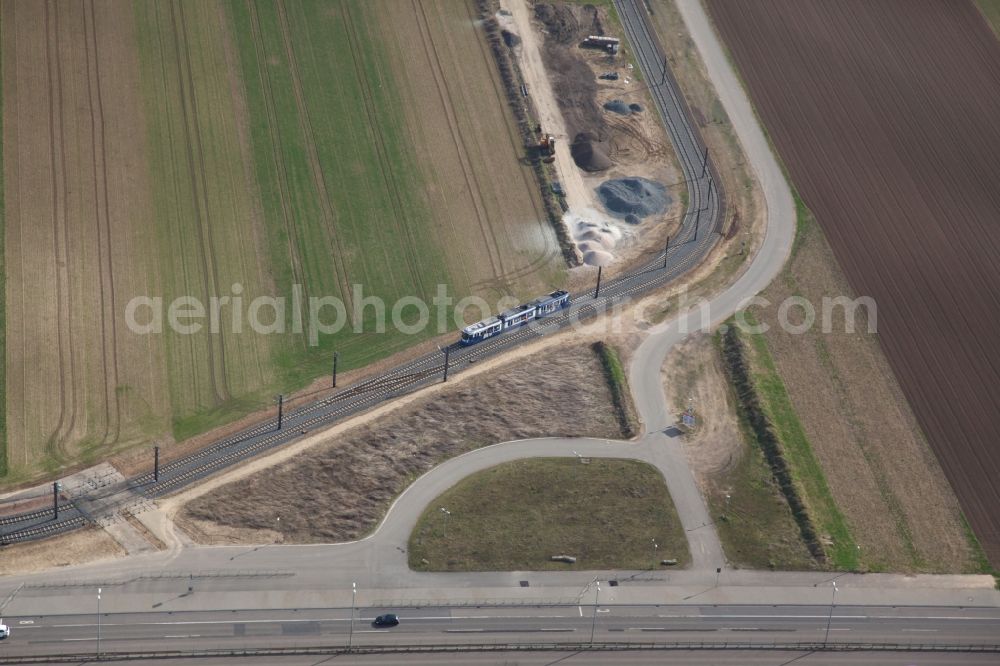 Mainz from the bird's eye view: Construction on the road in the area of the Saarstrasse near the Johannes- Gutenberg- University in Mainz in Rhineland-Palatinate. Here a new tram line, the so-called Mainzelbahn, went into operation