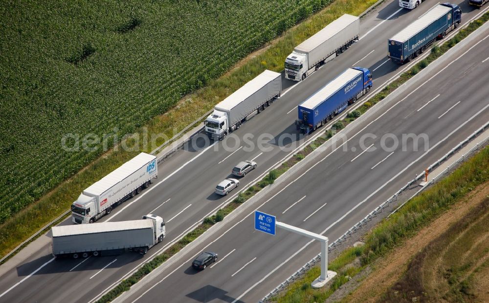 Hamm Rhynern from above - Vehicle diversions from the accident of a truck - collision on the motorway A2 motorway in Rhynern Hamm in North Rhine-Westphalia