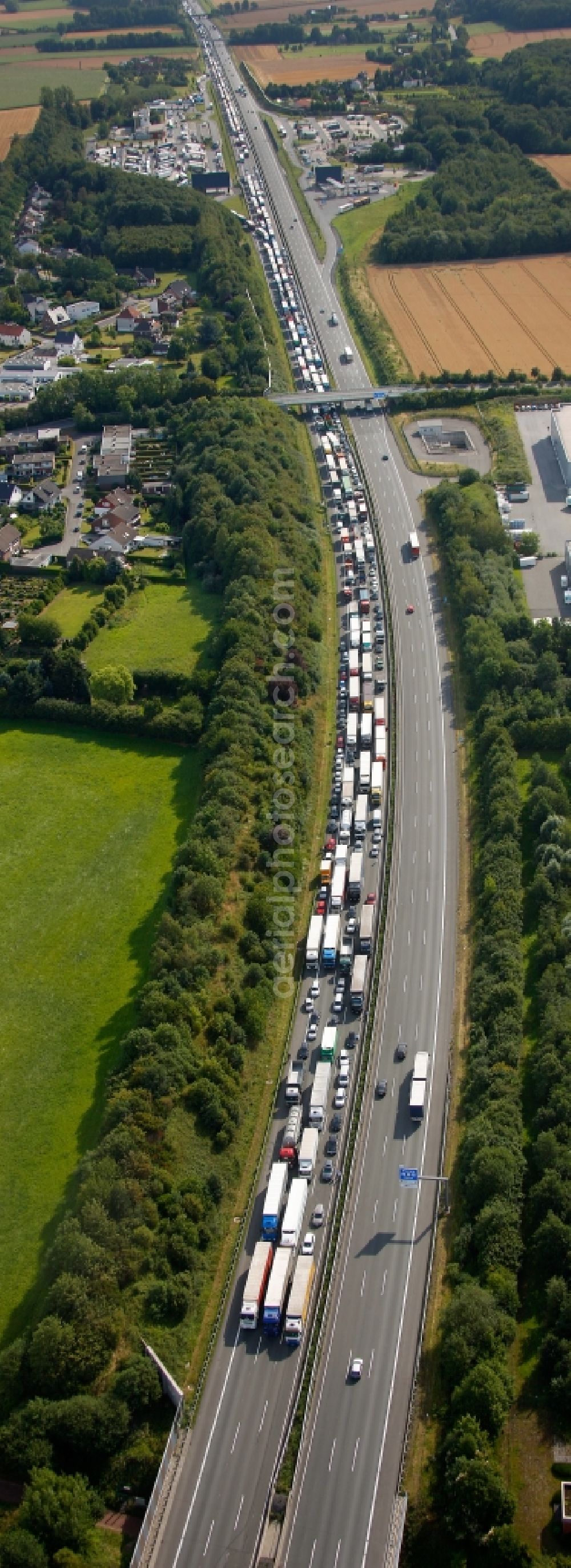 Aerial image Hamm - Vehicle diversions from the accident of a truck - collision on the motorway A2 motorway in Rhynern Hamm in North Rhine-Westphalia