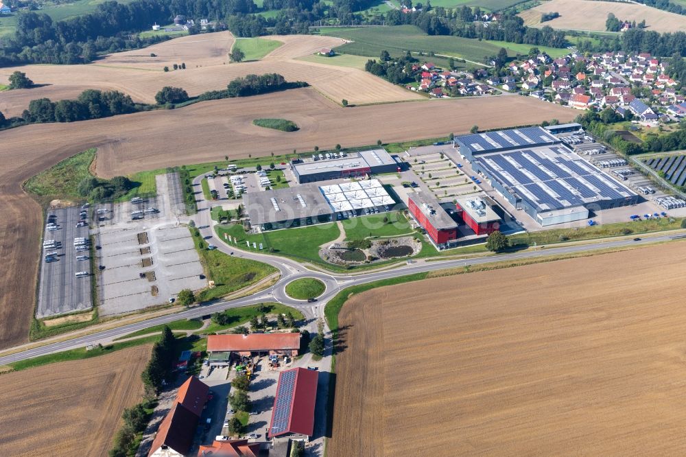 Aulendorf from the bird's eye view: Buildings and production halls on the vehicle construction site of Carthago Reisemobilbau GmbH in Aulendorf in the state Baden-Wuerttemberg, Germany