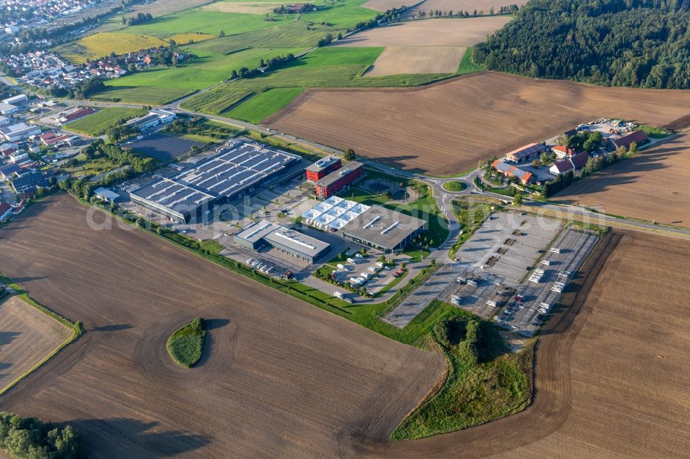 Aulendorf from above - Buildings and production halls on the vehicle construction site of Carthago Reisemobilbau GmbH in Aulendorf in the state Baden-Wuerttemberg, Germany