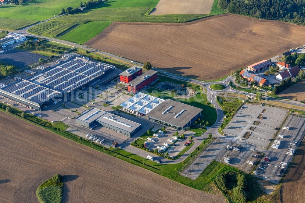 Aulendorf from the bird's eye view: Buildings and production halls on the vehicle construction site of Carthago Reisemobilbau GmbH in Aulendorf in the state Baden-Wuerttemberg, Germany