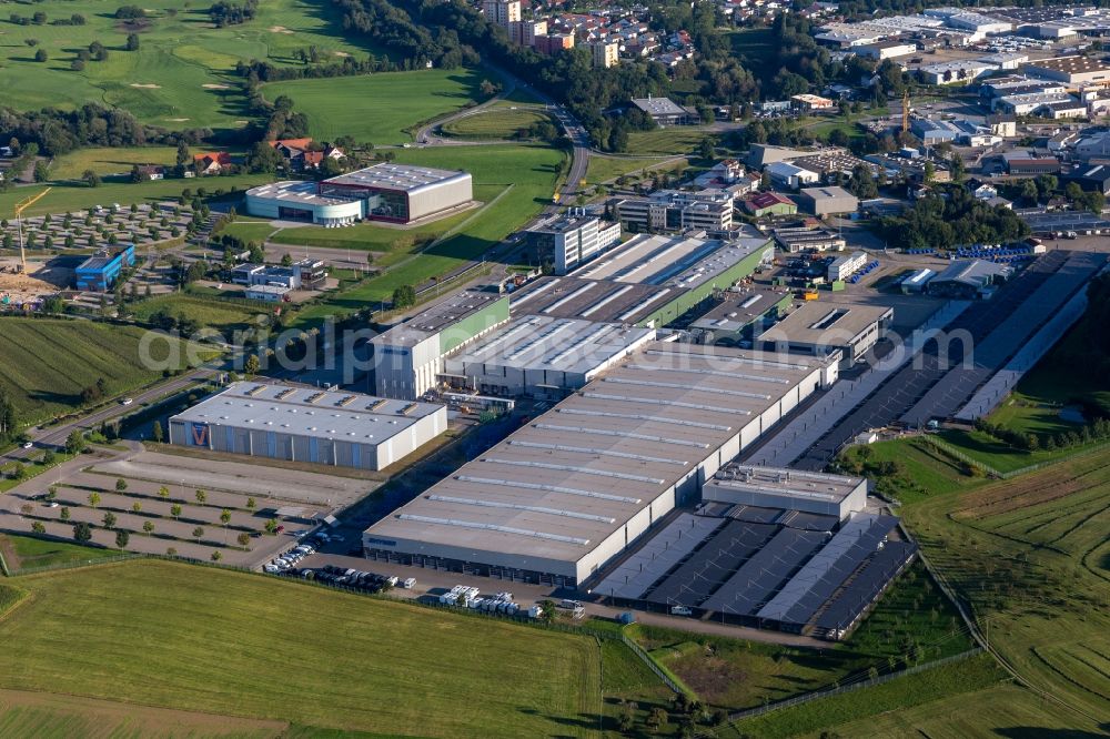 Bad Waldsee from above - Buildings and production halls on the vehicle construction site of Hymer Reisemobile GmbH in Bad Waldsee in the state Baden-Wuerttemberg, Germany