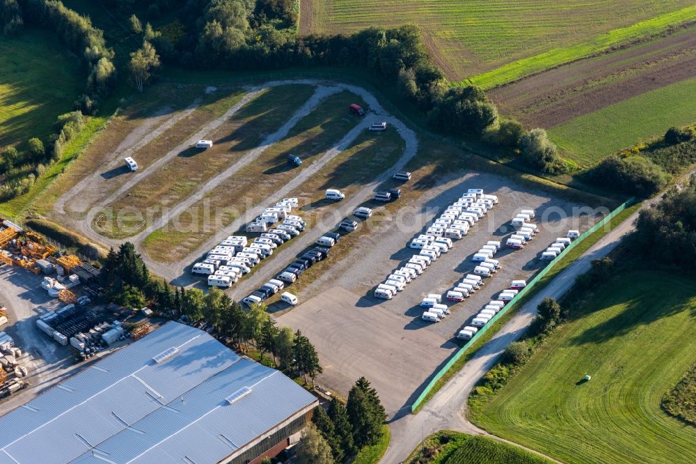 Aerial image Bad Waldsee - Buildings and production halls on the vehicle construction site of Hymer Reisemobile GmbH in Bad Waldsee in the state Baden-Wuerttemberg, Germany