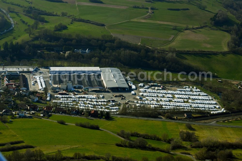 Sinntal from above - Buildings and production halls on the vehicle construction site of Knaus Tabbert GmbH on Helmuta??Knausa??Strasse in Sinntal in the state Hesse, Germany