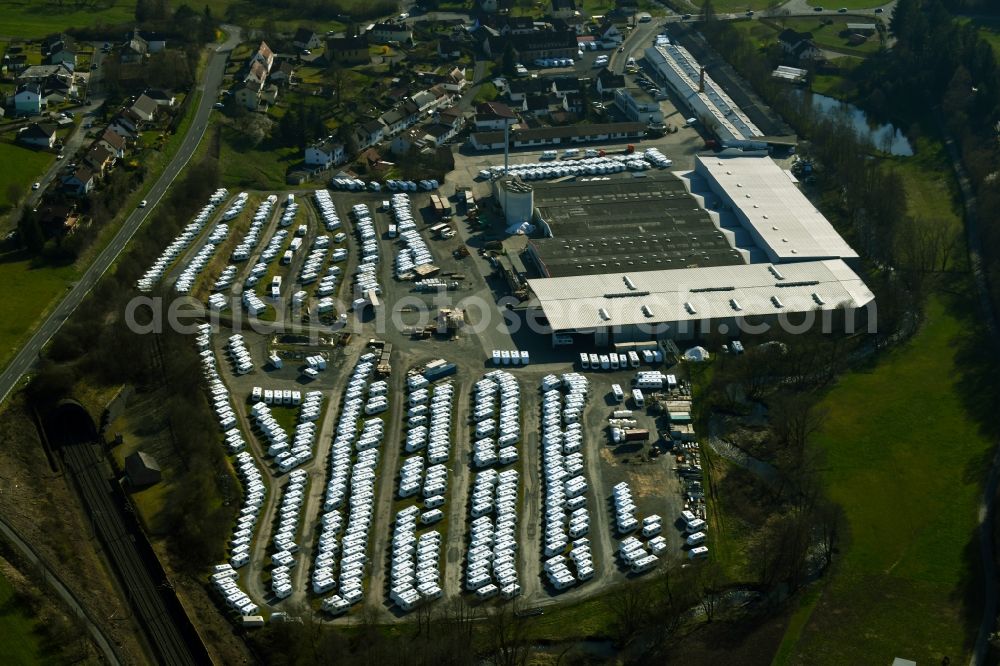 Sinntal from above - Buildings and production halls on the vehicle construction site of Knaus Tabbert GmbH on Helmuta??Knausa??Strasse in Sinntal in the state Hesse, Germany