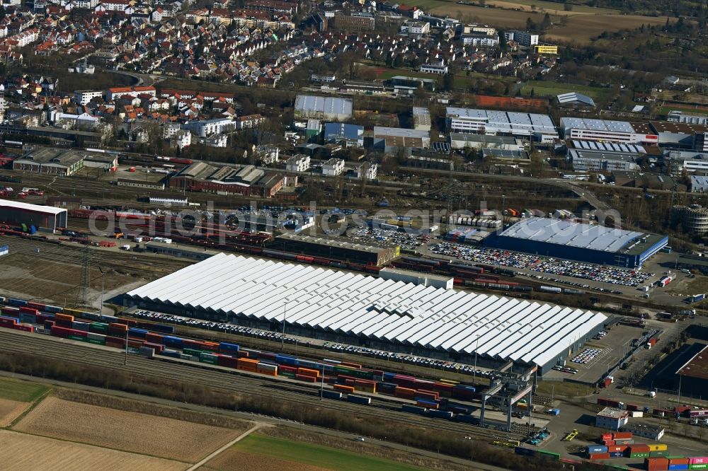 Stuttgart from above - Buildings and production halls on the vehicle construction site - Porsche factory 12 in the district Stammheim in Stuttgart in the state Baden-Wuerttemberg, Germany