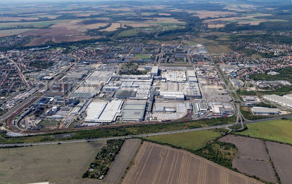 Mlada Boleslav - Jungbunzlau from the bird's eye view: Buildings and production halls on the vehicle construction site Skoda in Mlada Boleslav - Jungbunzlau in Boehmen, Czech Republic