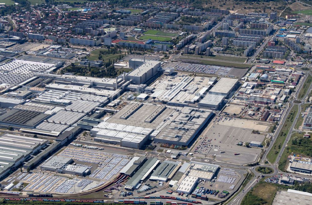 Mlada Boleslav - Jungbunzlau from above - Buildings and production halls on the vehicle construction site Skoda in Mlada Boleslav - Jungbunzlau in Boehmen, Czech Republic