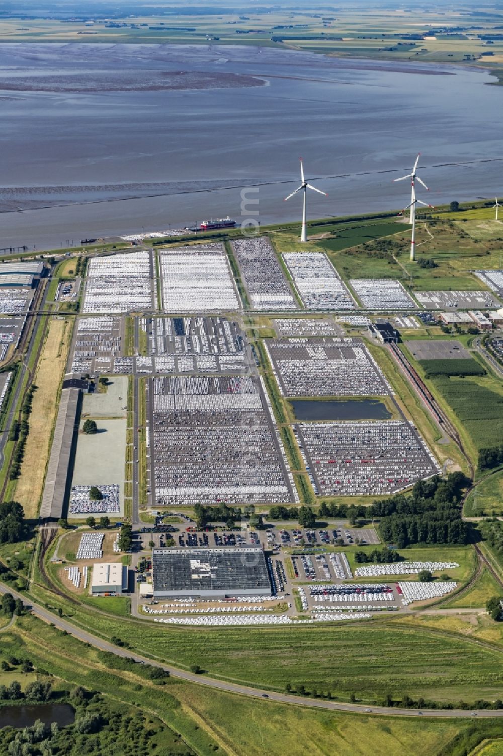 Emden from above - Buildings and production halls on the vehicle construction site of Volkswagen AG in Emden in the state Lower Saxony, Germany