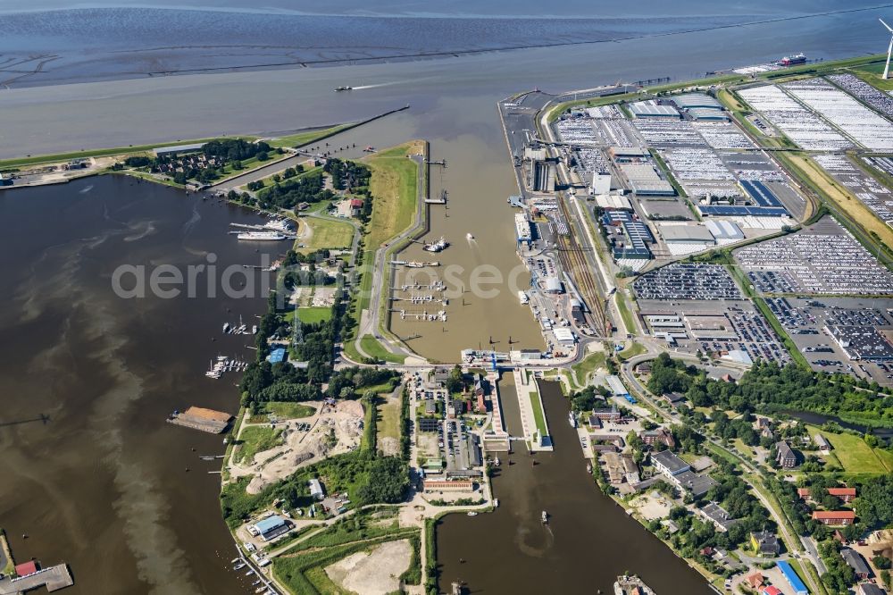 Emden from above - Buildings and production halls on the vehicle construction site of Volkswagen AG in Emden in the state Lower Saxony, Germany