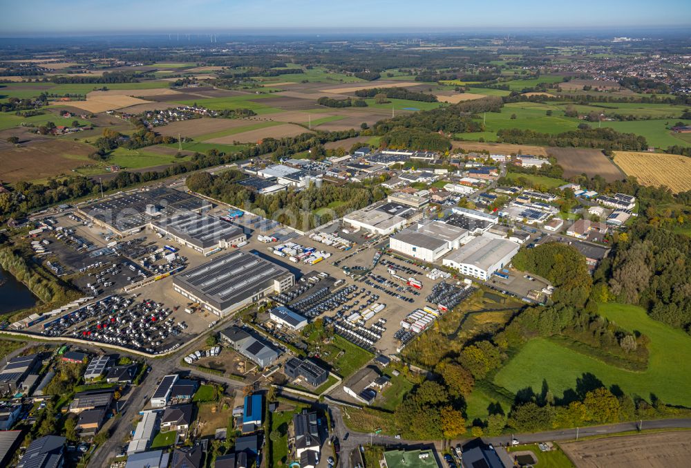 Selm from the bird's eye view: Buildings and production halls on the vehicle construction site of Wuellhorst GmbH & Co. KG on street Harkortstrasse in the district Bork in Selm in the state North Rhine-Westphalia, Germany