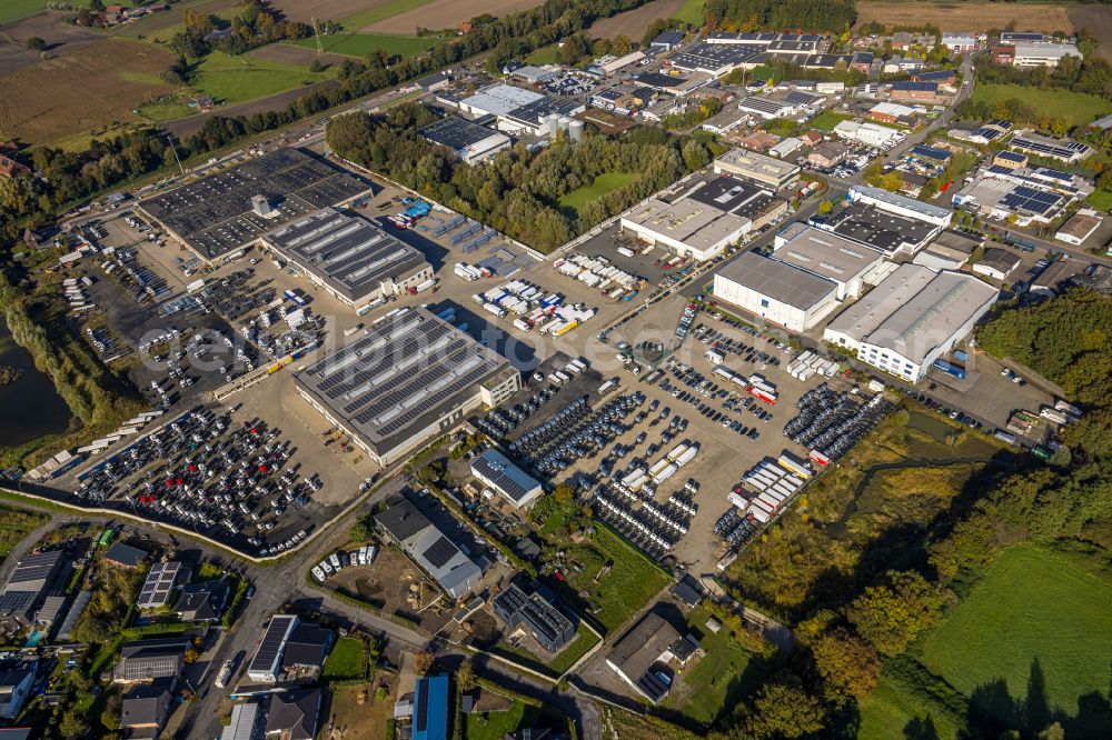 Selm from the bird's eye view: Buildings and production halls on the vehicle construction site of Wuellhorst GmbH & Co. KG on street Harkortstrasse in the district Bork in Selm in the state North Rhine-Westphalia, Germany