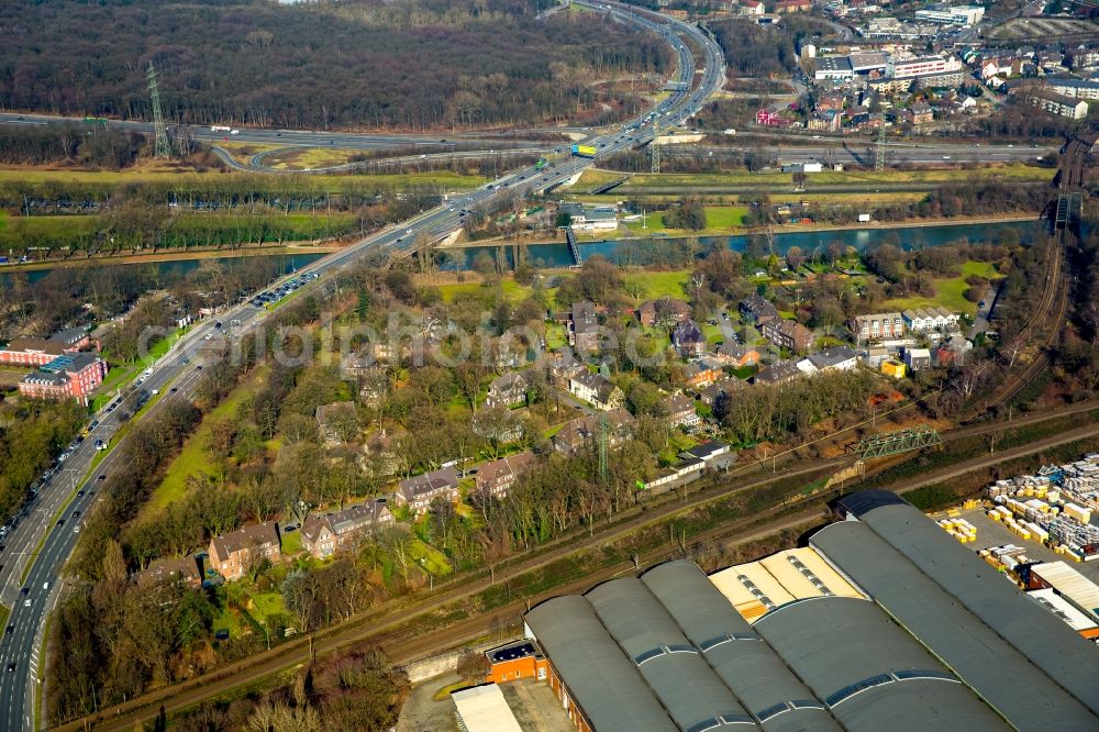 Oberhausen from above - Motor vehicles on the road along the B223 across the Rhine-Herne Canal with connection to the A42 in Oberhausen in North Rhine-Westphalia