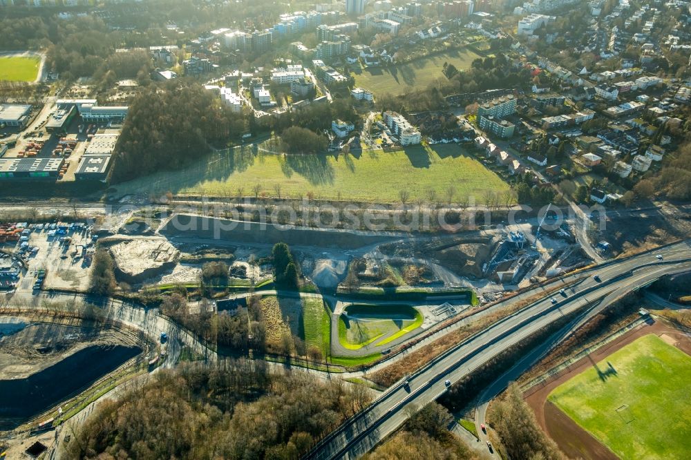 Bochum from the bird's eye view: Vehicles in the traffic between the A44 and the Nordhausen ring in Bochum in the federal state North Rhine-Westphalia