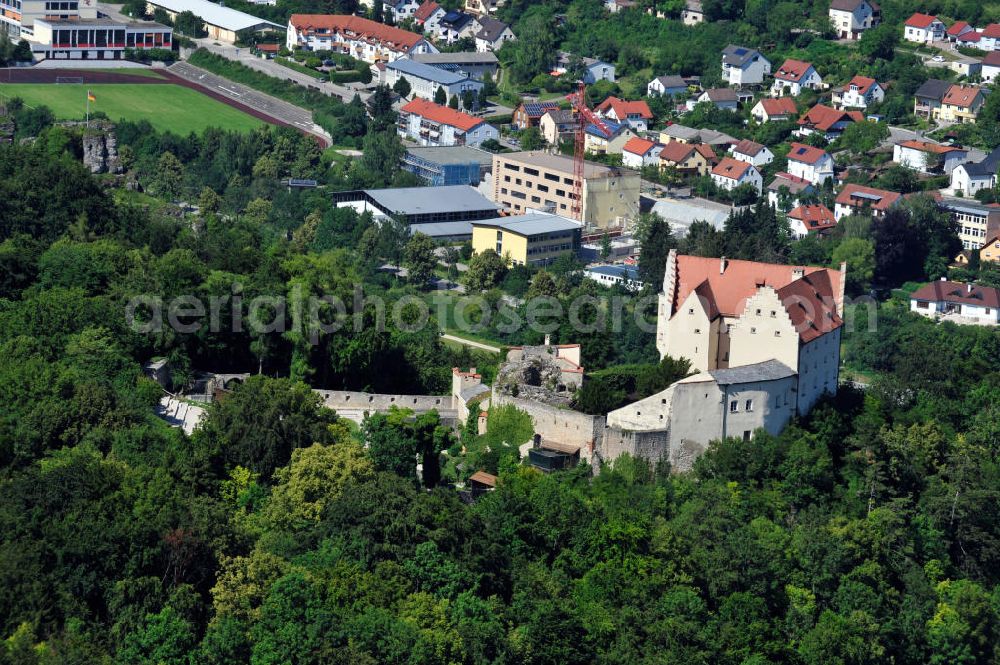 Aerial image Riedenburg / Bayern - Der Falkenhof Schloss Rosenburg an der Altmühl in Riedenburg, Bayern. In der Burg befindet sich ein Museum über die Geschichte der Falknere und der Burgherren. The falconry castle Rosenburg at the river Altmuehl in Riedenburg, Bavaria. Inside there is a museum about the history of falconry and the lord of the castle.