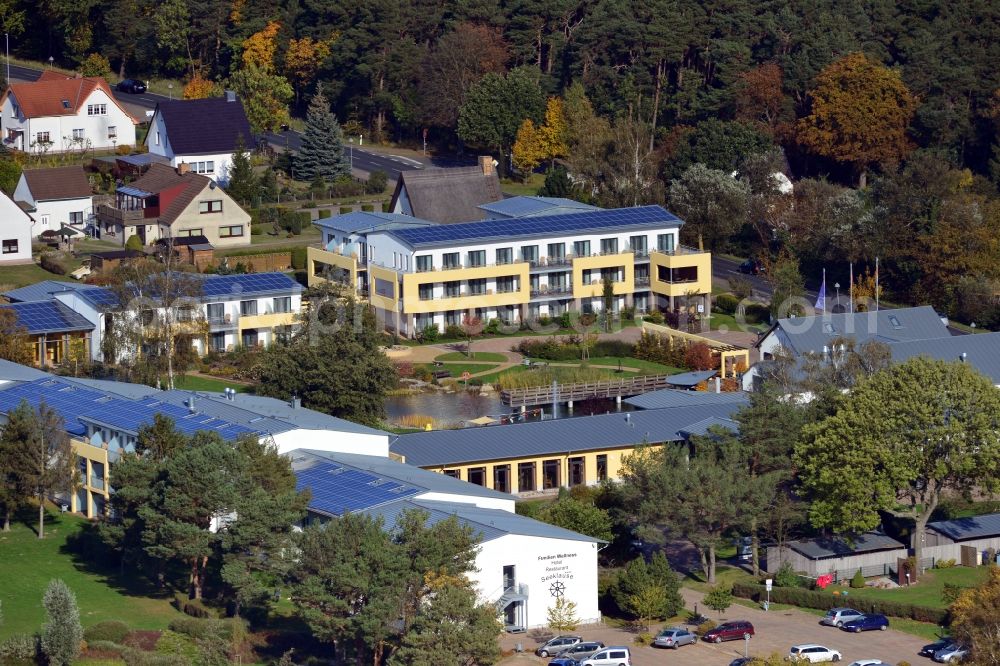 Aerial image Trassenheide - View of the family wellness hotel Seeklause in Trassenheide on Usedom in the state Mecklenburg-Vorpommern. The hotel offers in addition to numerous leisure activities such as Volleyball, bicycle hire and table tennis, wellness with saunas and massages