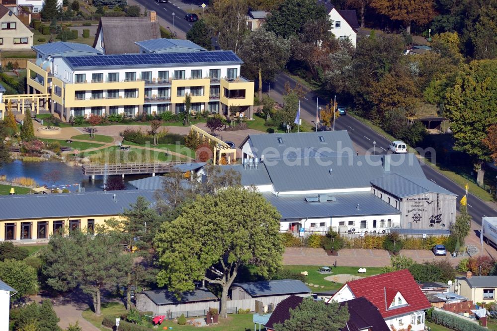 Trassenheide from above - View of the family wellness hotel Seeklause in Trassenheide on Usedom in the state Mecklenburg-Vorpommern. The hotel offers in addition to numerous leisure activities such as Volleyball, bicycle hire and table tennis, wellness with saunas and massages