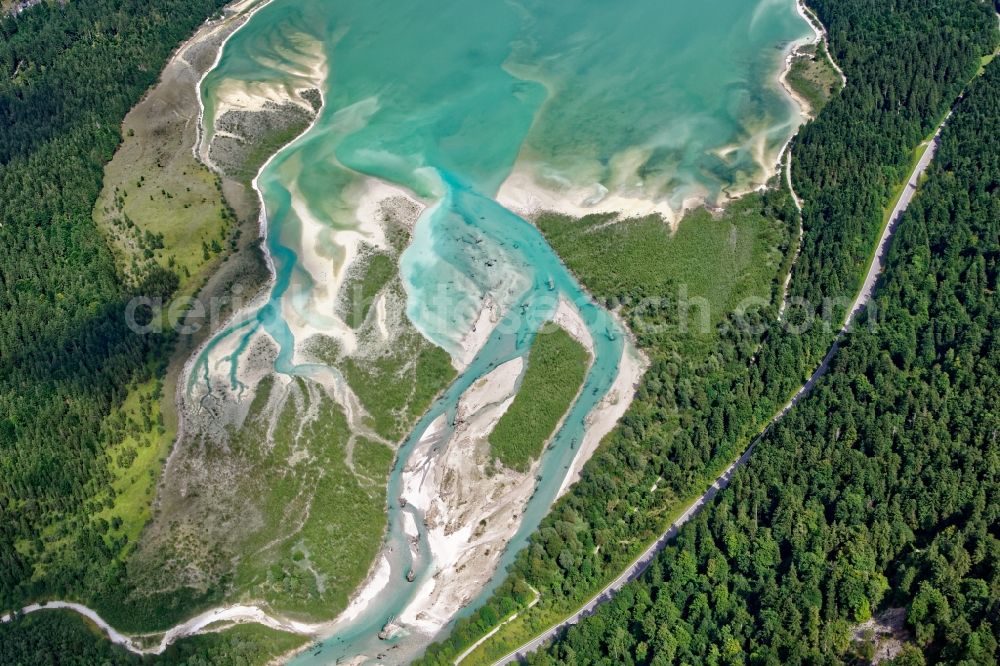 Aerial image Lenggries - Play of colors on the river delta of Sylvenstein lake in Isarwinkel at Vorderriss in Bavaria, Germany. The Sylvensteinsee is a reservoir of Isar, Duerrach and Walchen built for flood protection in the Isar valley. Hydropower plants at the dam are used for power generation