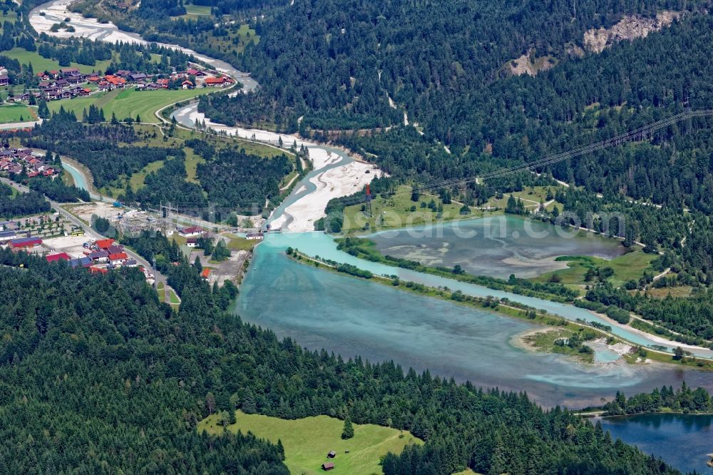 Aerial photograph Krün - Weir and Fish stairs on the banks of the Isar in Kruen in the state Bavaria