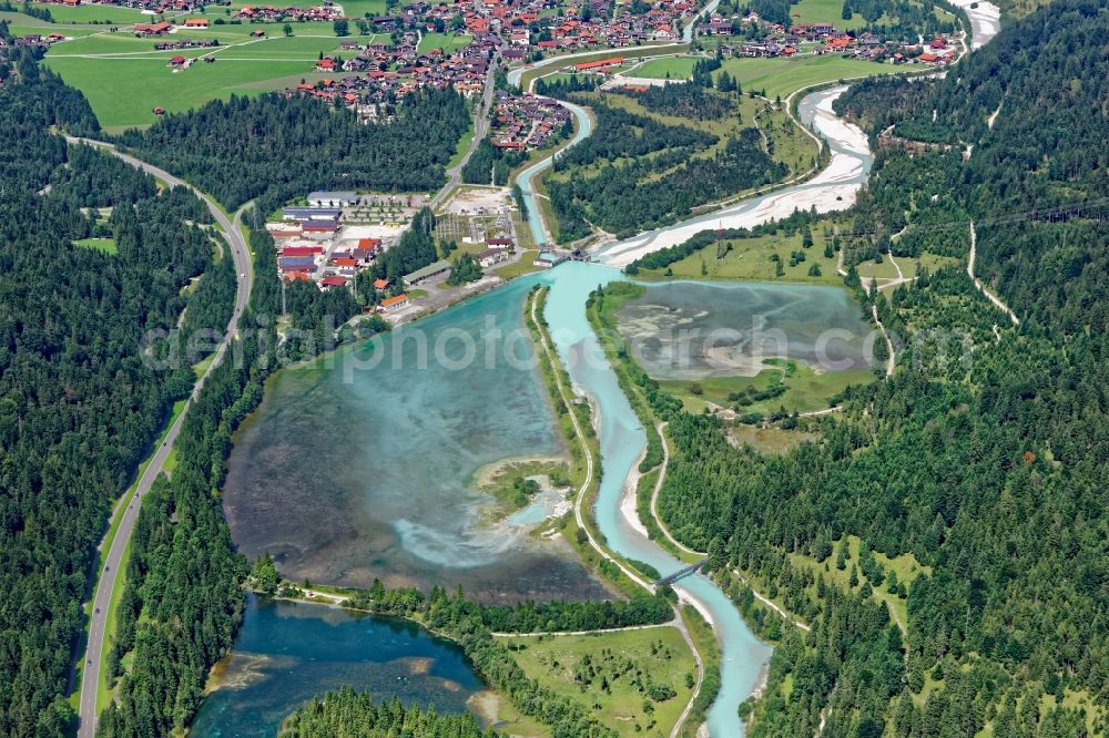 Krün from above - Weir and Fish stairs on the banks of the Isar in Kruen in the state Bavaria