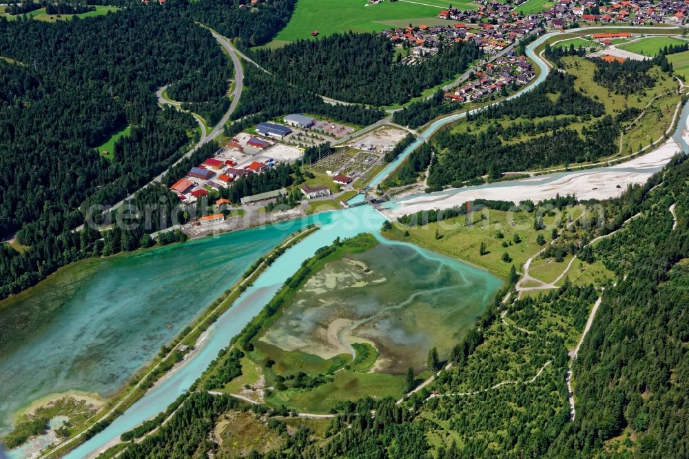 Krün from the bird's eye view: Weir and Fish stairs on the banks of the Isar in Kruen in the state Bavaria