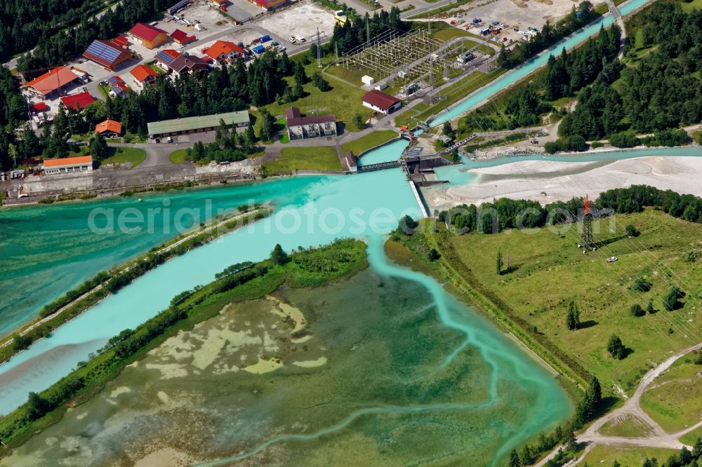 Aerial image Krün - Weir and Fish stairs on the banks of the Isar in Kruen in the state Bavaria