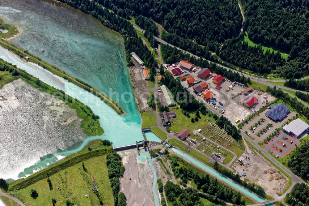 Krün from above - Weir and Fish stairs on the banks of the Isar in Kruen in the state Bavaria