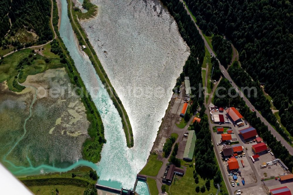 Krün from the bird's eye view: Weir and Fish stairs on the banks of the Isar in Kruen in the state Bavaria