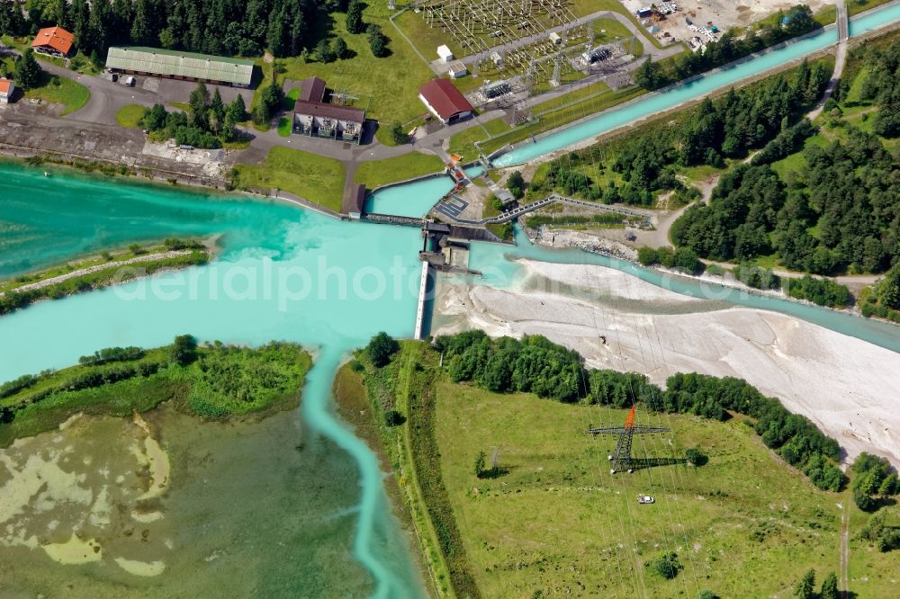 Aerial image Krün - Weir and Fish stairs on the banks of the Isar in Kruen in the state Bavaria