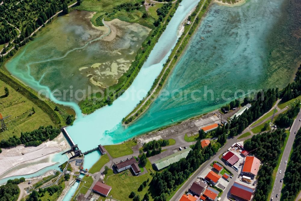 Aerial photograph Krün - Weir and Fish stairs on the banks of the Isar in Kruen in the state Bavaria