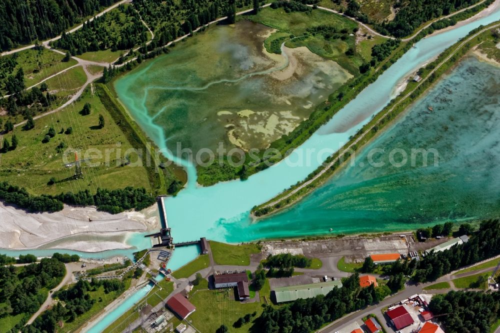 Krün from above - Weir and Fish stairs on the banks of the Isar in Kruen in the state Bavaria