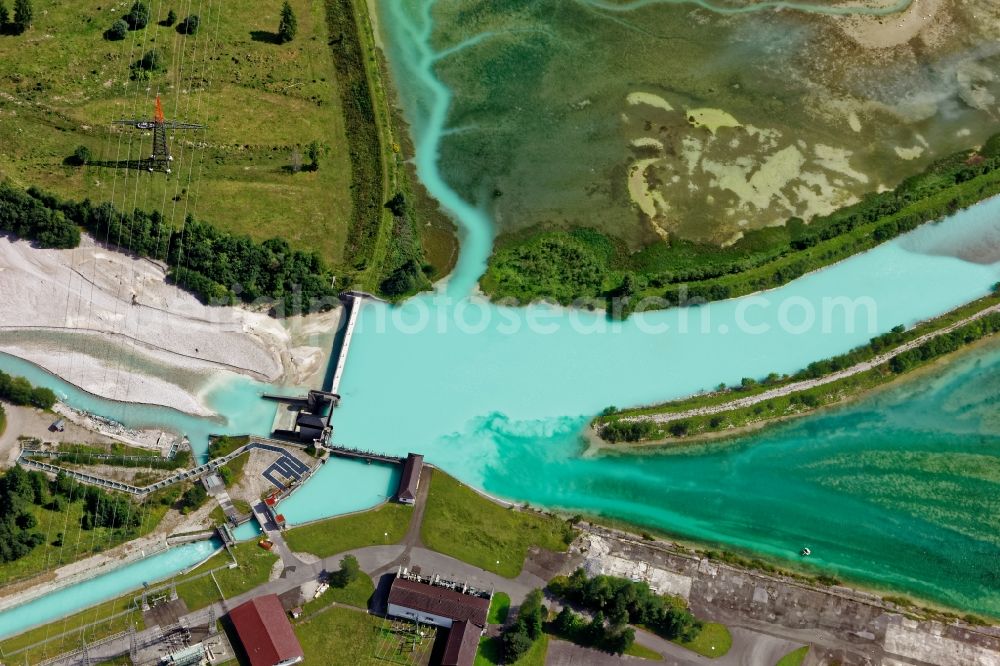 Krün from the bird's eye view: Weir and Fish stairs on the banks of the Isar in Kruen in the state Bavaria