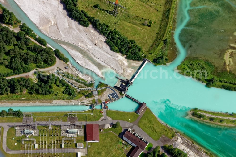 Aerial image Krün - Weir and Fish stairs on the banks of the Isar in Kruen in the state Bavaria