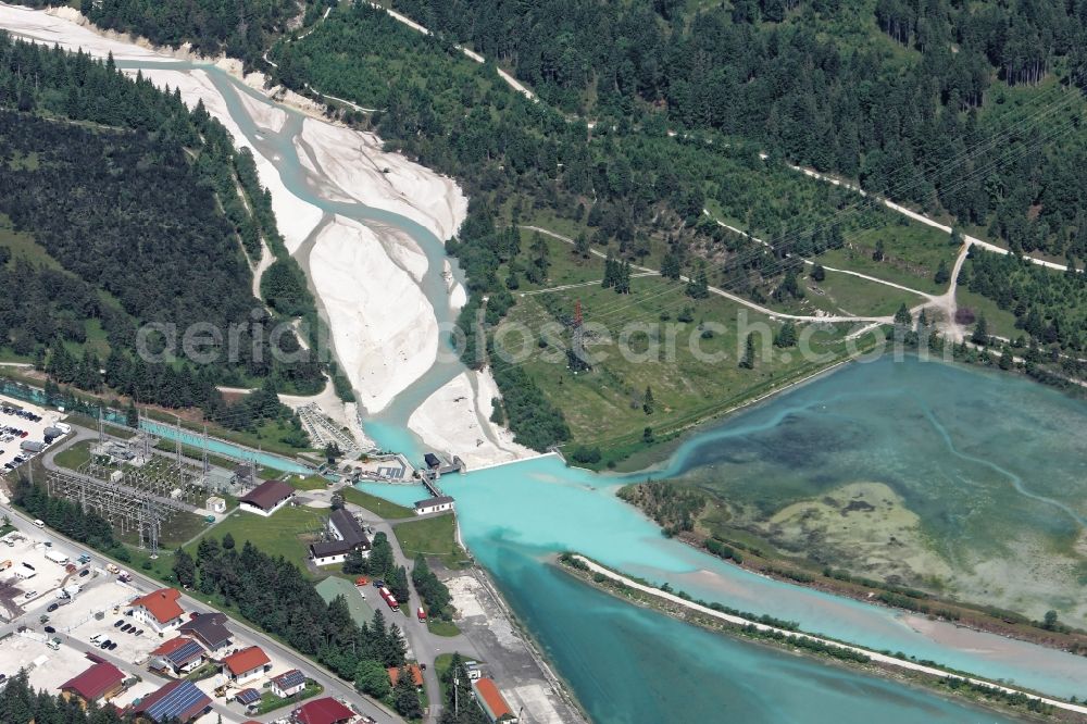 Krün from above - Weir and Fish stairs on the banks of the Isar in Kruen in the state Bavaria