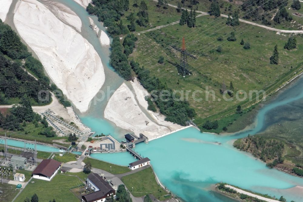 Krün from the bird's eye view: Weir and Fish stairs on the banks of the Isar in Kruen in the state Bavaria