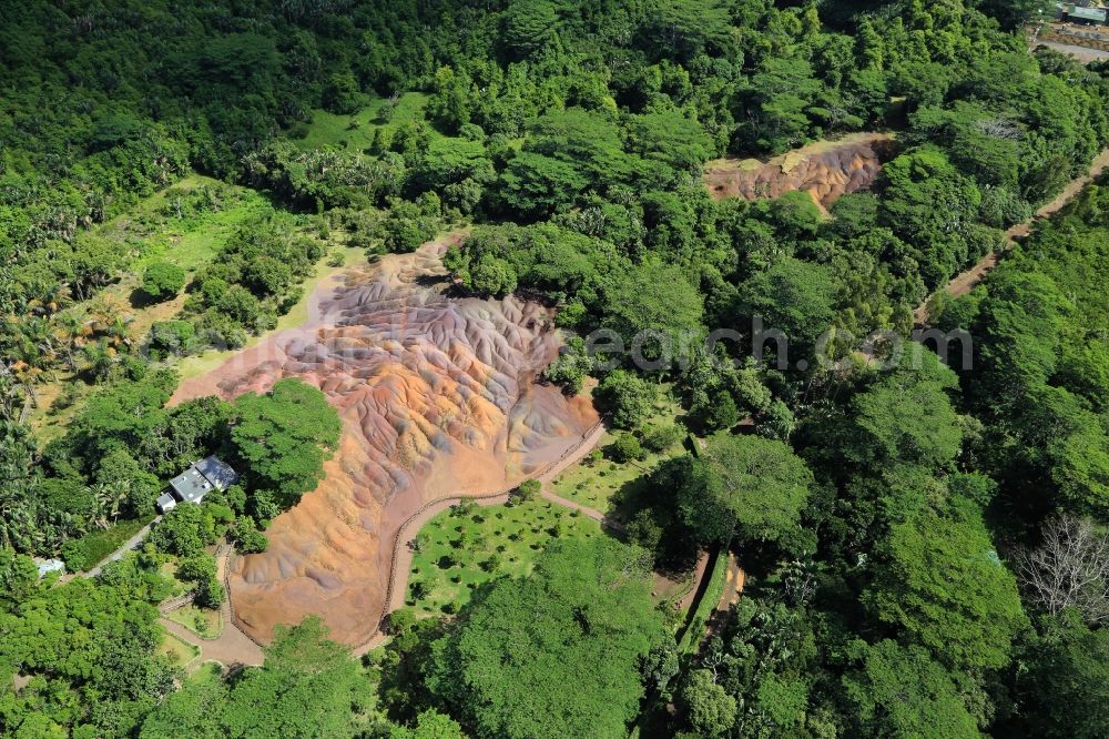 Chamarel from the bird's eye view: Tourist attraction of the 7 coloured earths ( Terre des 7 Couleurs ) at Chamarel on the island Mauritius