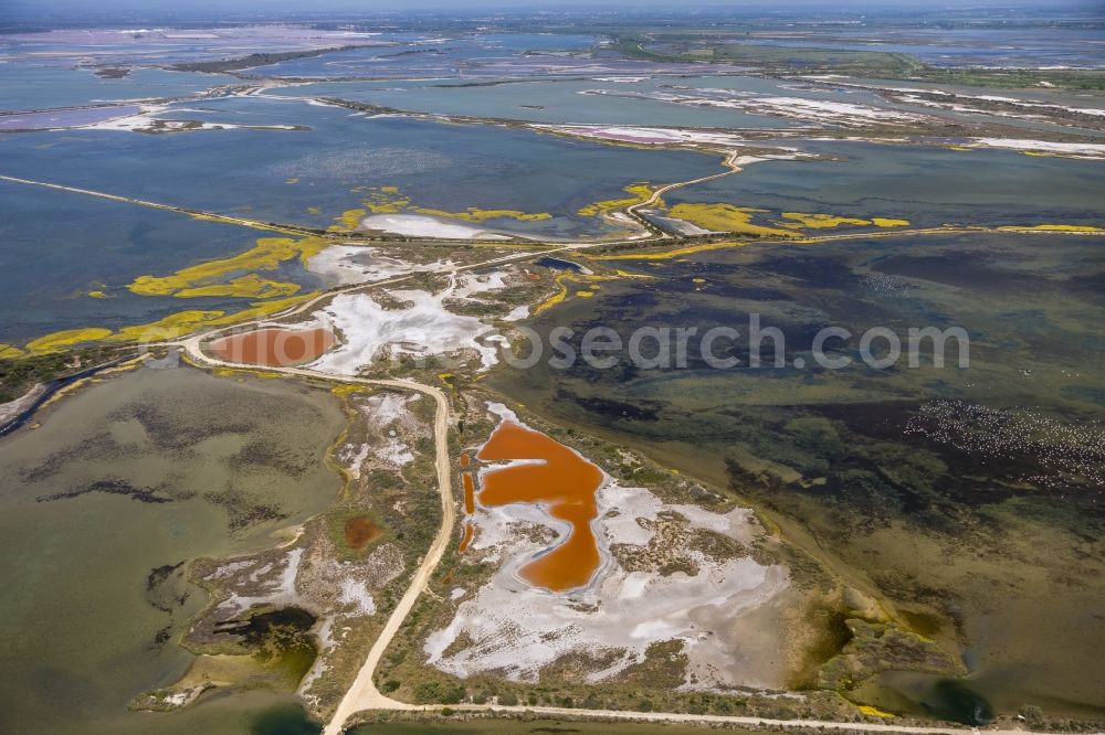 Saintes-Maries-de-la-Mer from the bird's eye view: Colored Salinen- landscape in Saintes-Maries-de-la-Mer in France