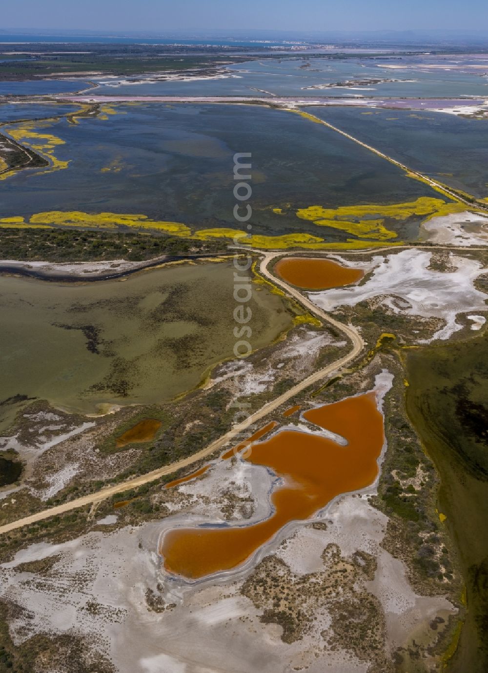 Aerial photograph Saintes-Maries-de-la-Mer - Colored Salinen- landscape in Saintes-Maries-de-la-Mer in France