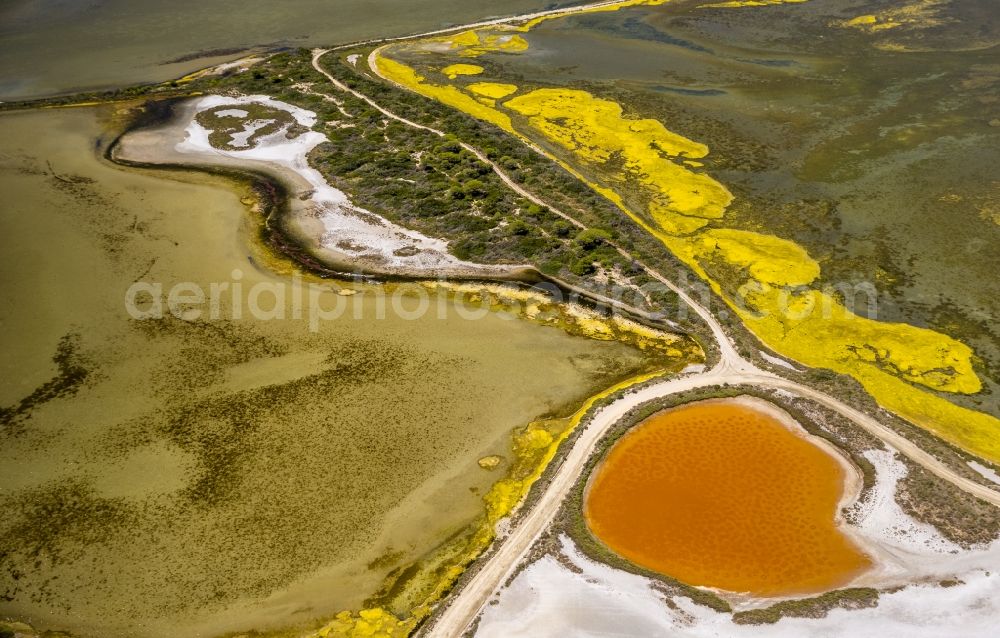 Saintes-Maries-de-la-Mer from the bird's eye view: Colored Salinen- landscape in Saintes-Maries-de-la-Mer in France