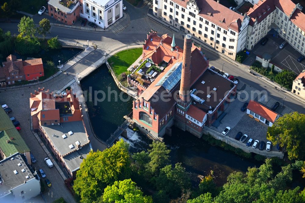 Cottbus from above - Facade of the monument Altes Elektrizitaetswerk Cottbus Am Spreeufer in Cottbus in the state Brandenburg, Germany