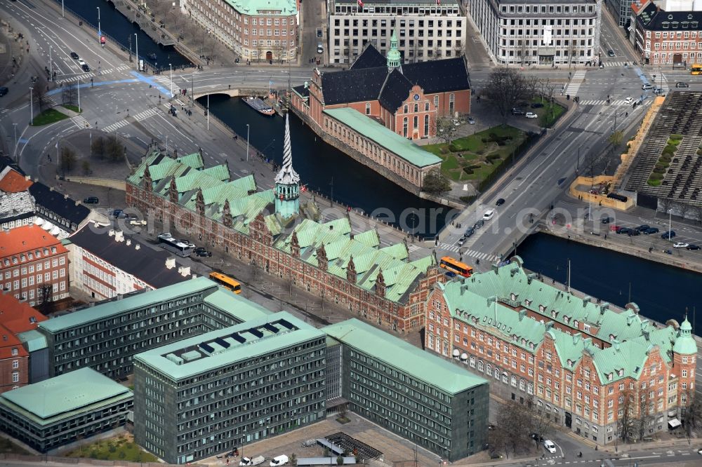 Kopenhagen from above - Facade of the monument Borsen - The Copenhagen Stock Exchange in Copenhagen in Region Hovedstaden, Denmark