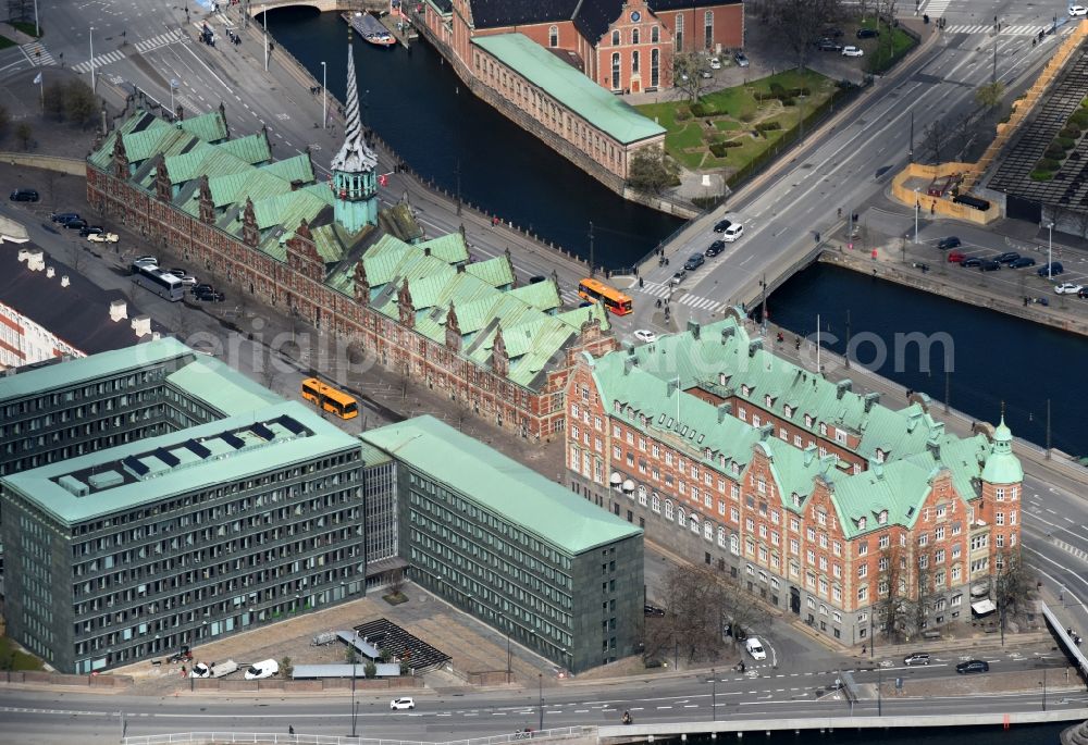 Kopenhagen from above - Facade of the monument Borsen - The Copenhagen Stock Exchange in Copenhagen in Region Hovedstaden, Denmark