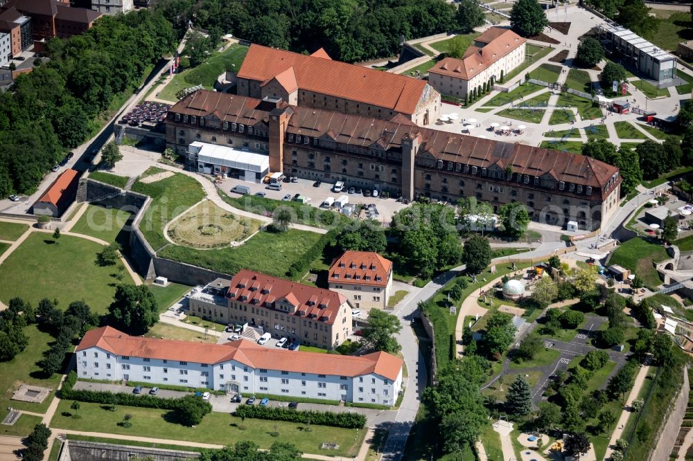 Erfurt from the bird's eye view: Facade of the monument Defensionskaserne on Peterskirche on Zitadelle Petersberg in Erfurt in the state Thuringia, Germany