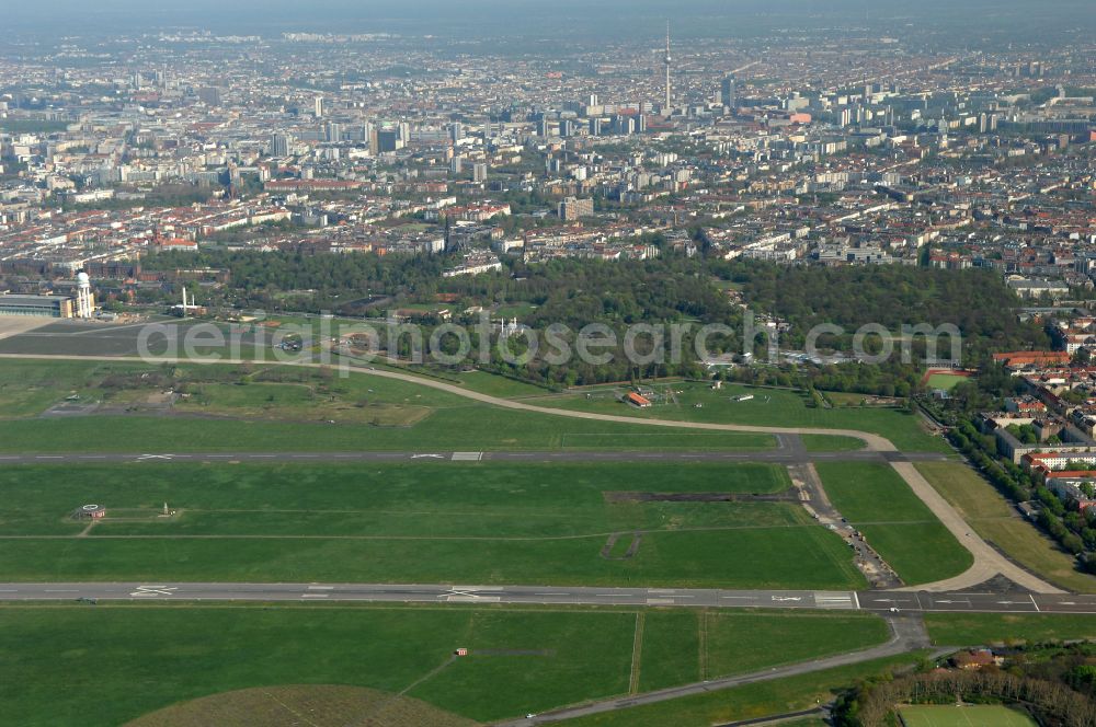 Berlin from above - Facade of the monument Flughafen Tempelhof on Platz of Luftbruecke in Berlin, Germany